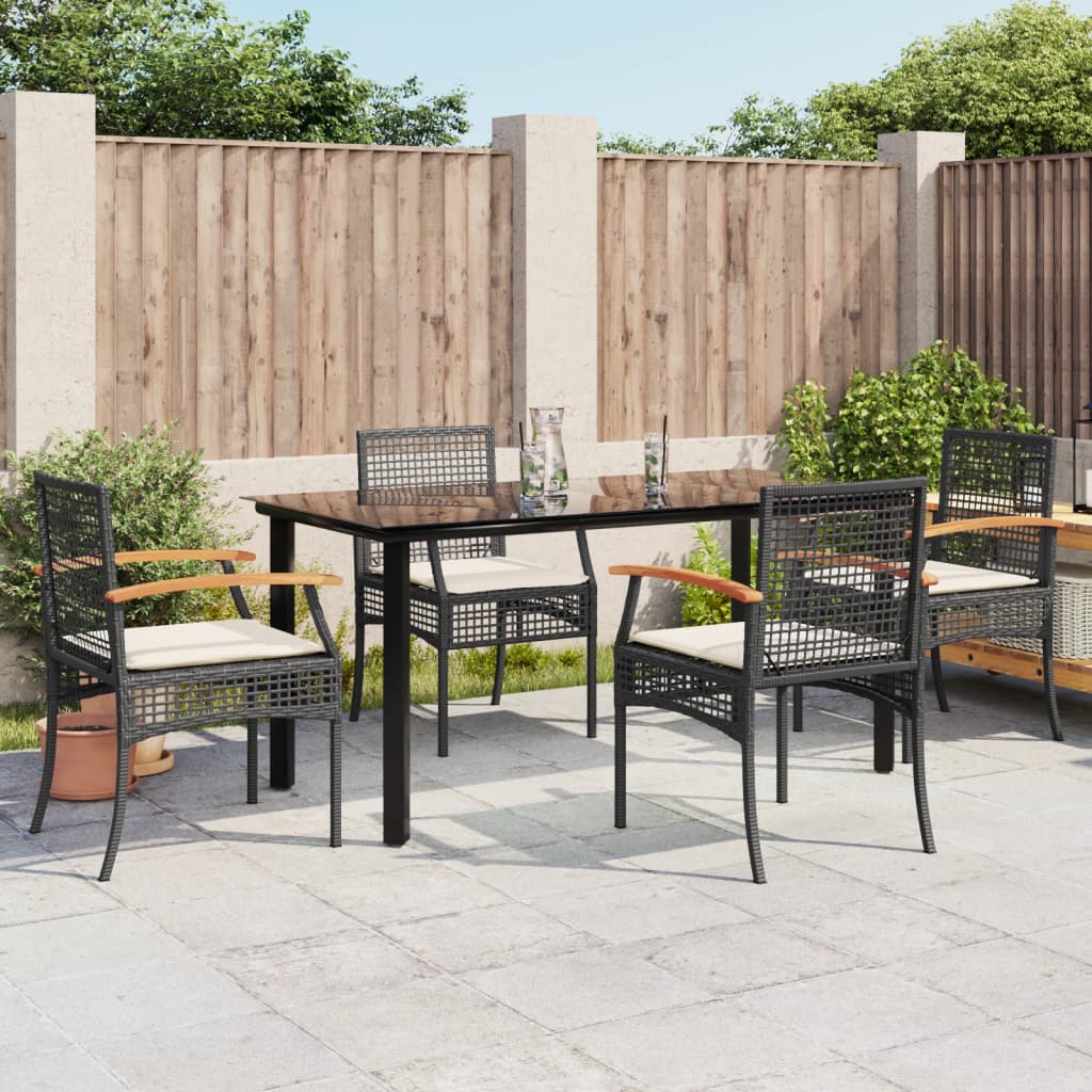 5 Piece Garden Dining Set with Cushions Black Poly Rattan - Merkel Designers