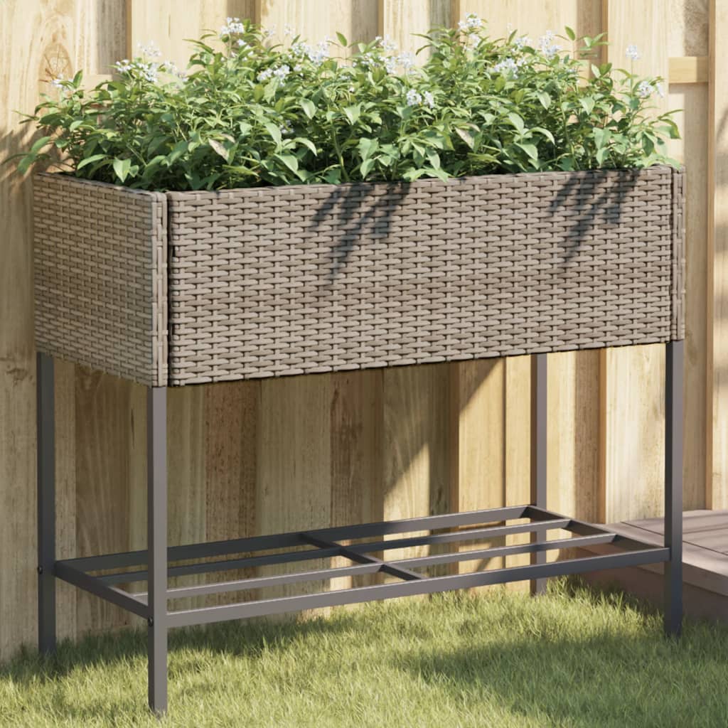 Garden Planters with Shelf 2 pcs Grey 90x40x75 cm Poly Rattan - Decor Base