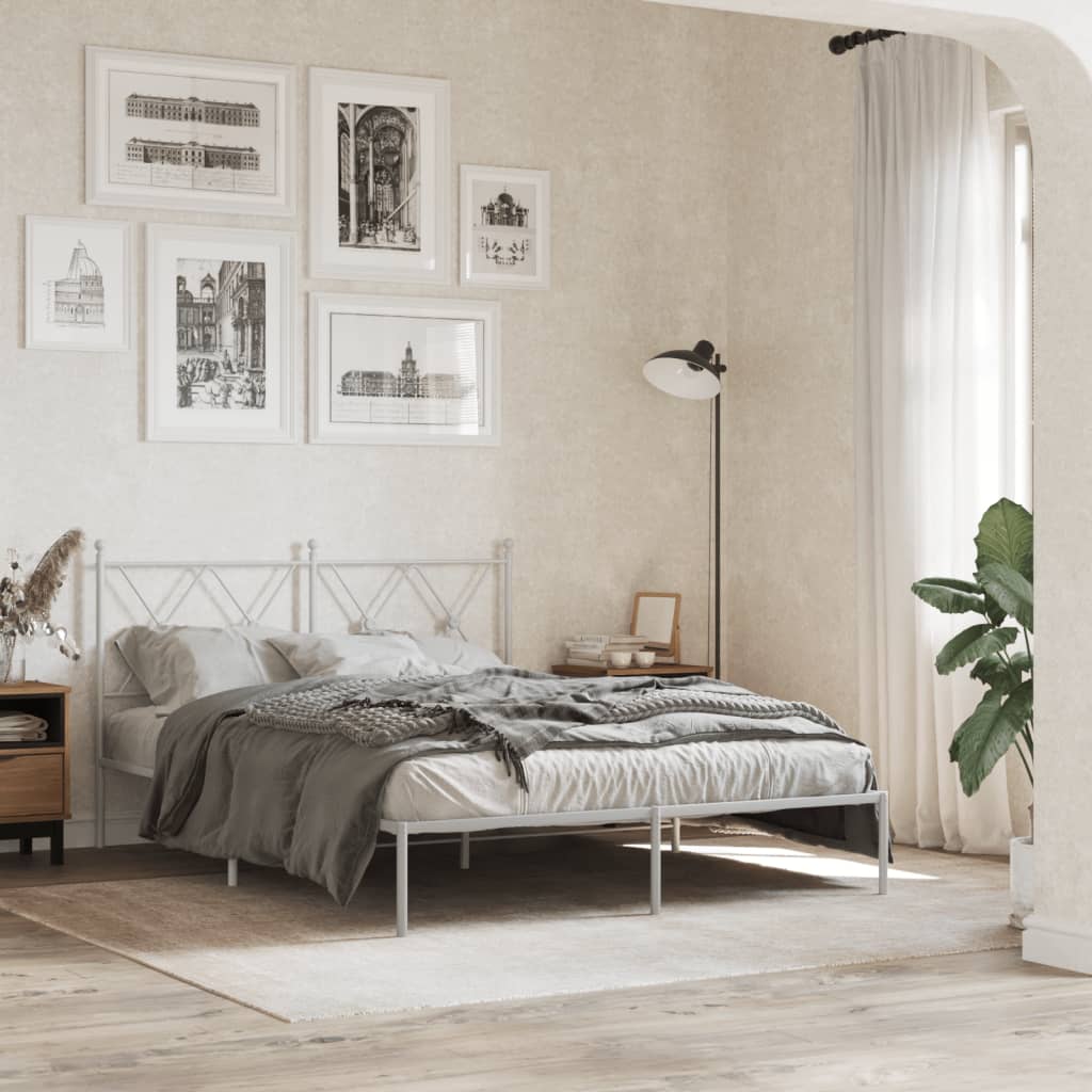 Metal Bedframe with Headboard White 140x190cm - Decor Base
