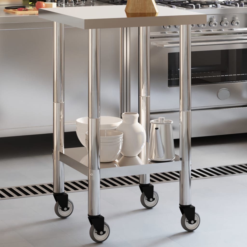 Kitchen Work Table with Wheels 55x55x85 cm Stainless Steel - Merlin Deals