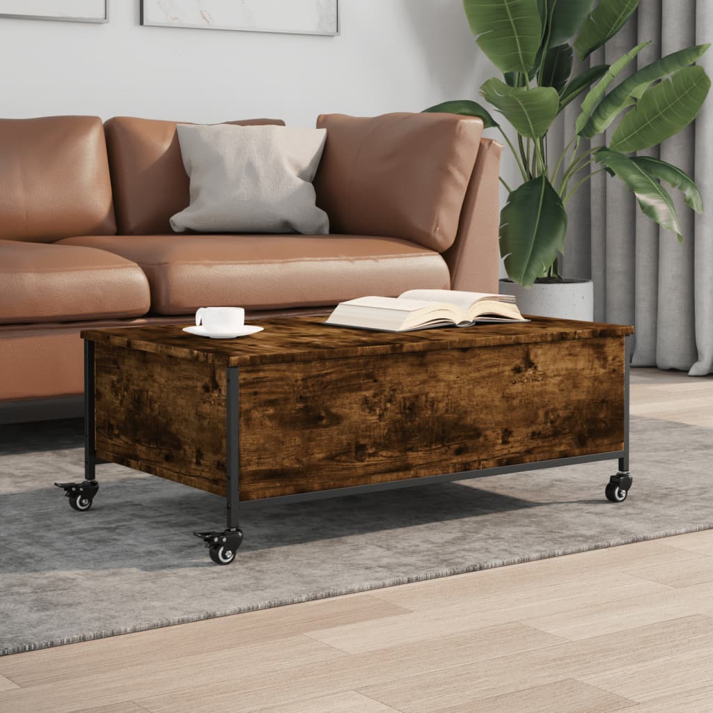 Coffee Table withÂ Wheels Smoked Oak 91x55x34 cm EngineeredÂ Wood - All Things Good