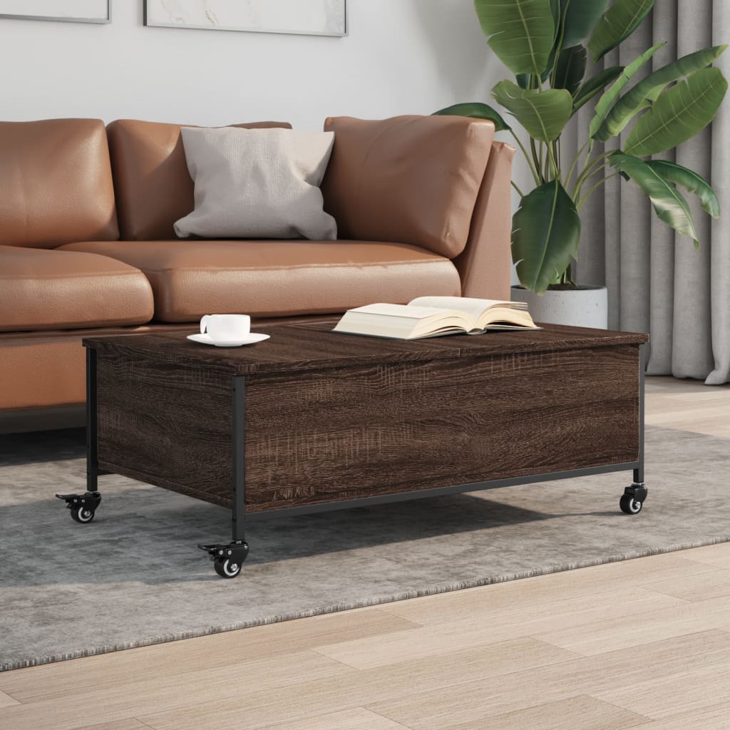 Coffee Table withÂ Wheels Brown Oak 91x55x34 cm EngineeredÂ Wood - All Things Good