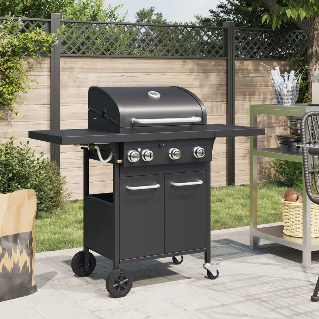 Gas BBQ Grill with 4 Burners Black Powder-coated Steel - vid-367584 - Charlotte Dunes
