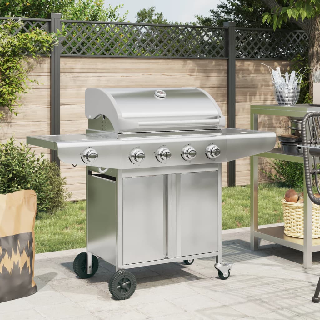 Gas BBQ Grill with 5 Burners Silver Stainless Steel - vid-367592 - Charlotte Dunes
