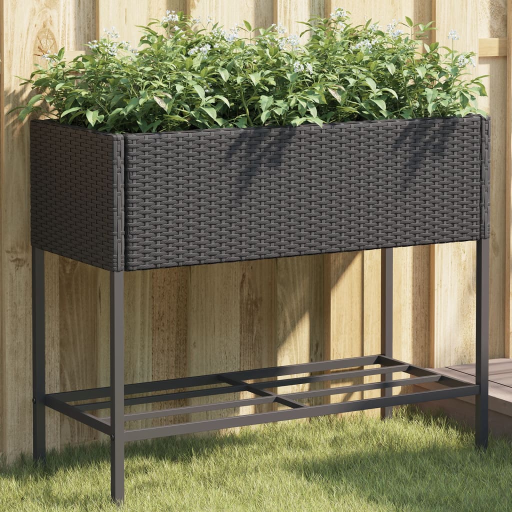 Garden Planter with Shelf Black Poly Rattan - vid-366384 - Decor Base