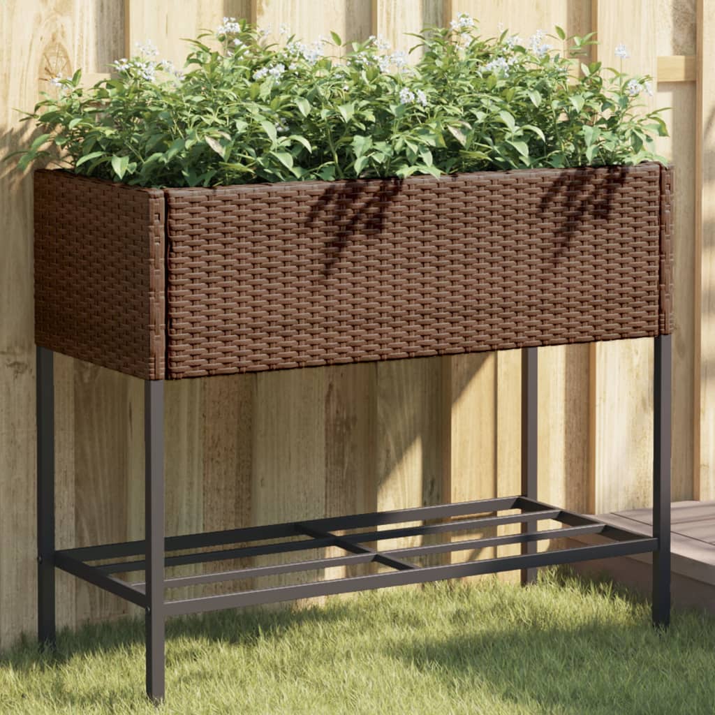 Garden Planter with Shelf Brown Poly Rattan - vid-366385 - Decor Base