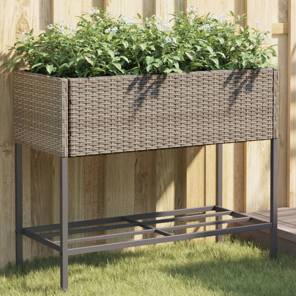 Garden Planter with Shelf Grey Poly Rattan - vid-366386 - Decor Base