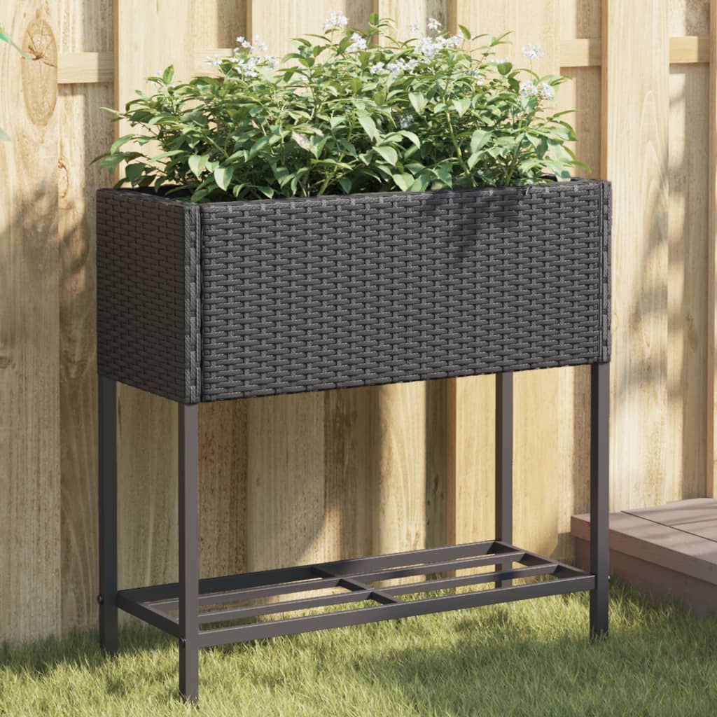 Garden Planter with Shelf Black Poly Rattan - vid-366387 - Decor Base