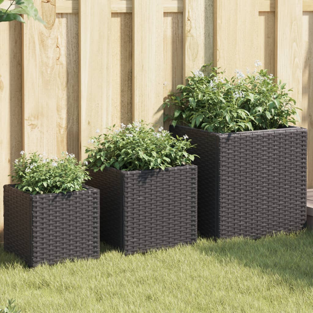 Garden Planters 3 pcs Black Poly Rattan - Design Hut