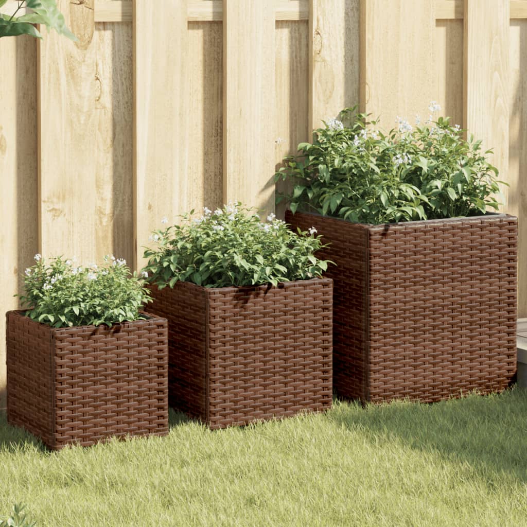 Garden Planters 3 pcs Brown Poly Rattan - Design Hut