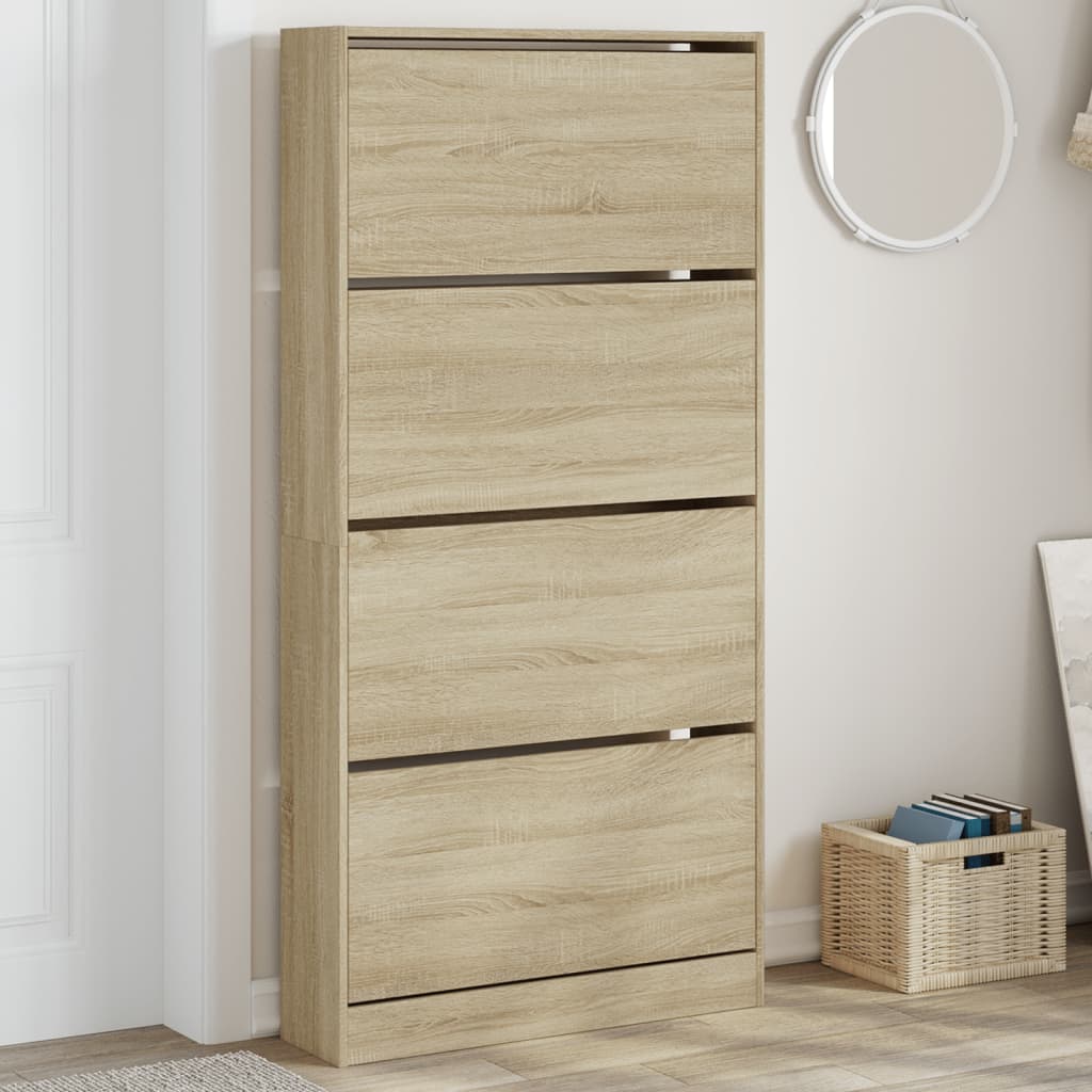 Shoe Cabinet with 4 Flip-Drawers Sonoma Oak 80x21x163.5 cm - Merlin Deals