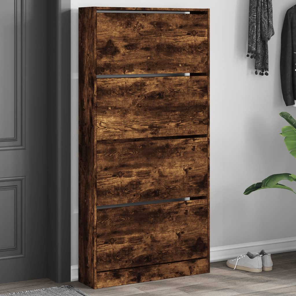 Shoe Cabinet with 4 Flip-Drawers Smoked Oak 80x21x163.5 cm - Direct Imports