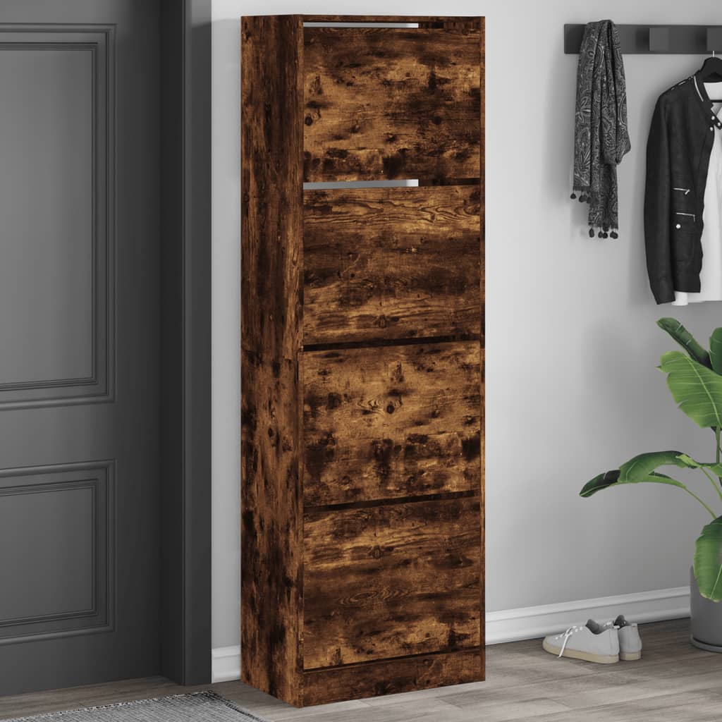 Shoe Cabinet with 4 Flip-Drawers Smoked Oak 60x34x187.5 cm - Direct Imports