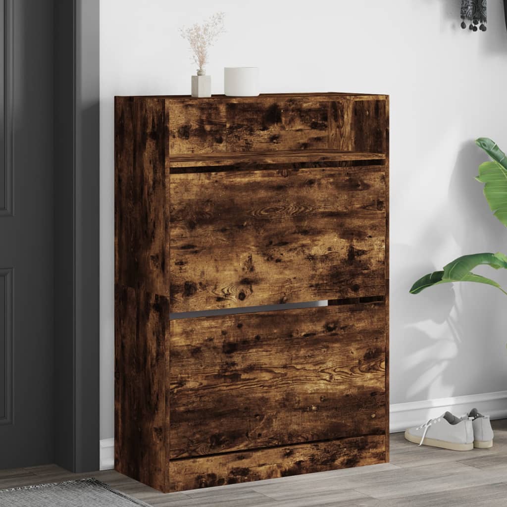 Shoe Cabinet with 2 Flip-Drawers Smoked Oak 80x34x116 cm - Direct Imports