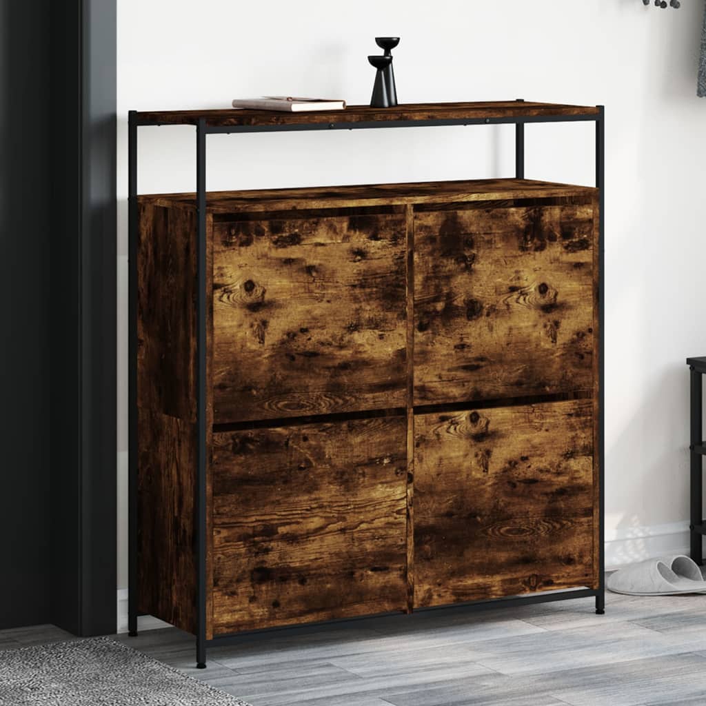 Shoe Cabinet with 4 Flip-Drawers Smoked Oak 100x34x112 cm - Merlin Deals