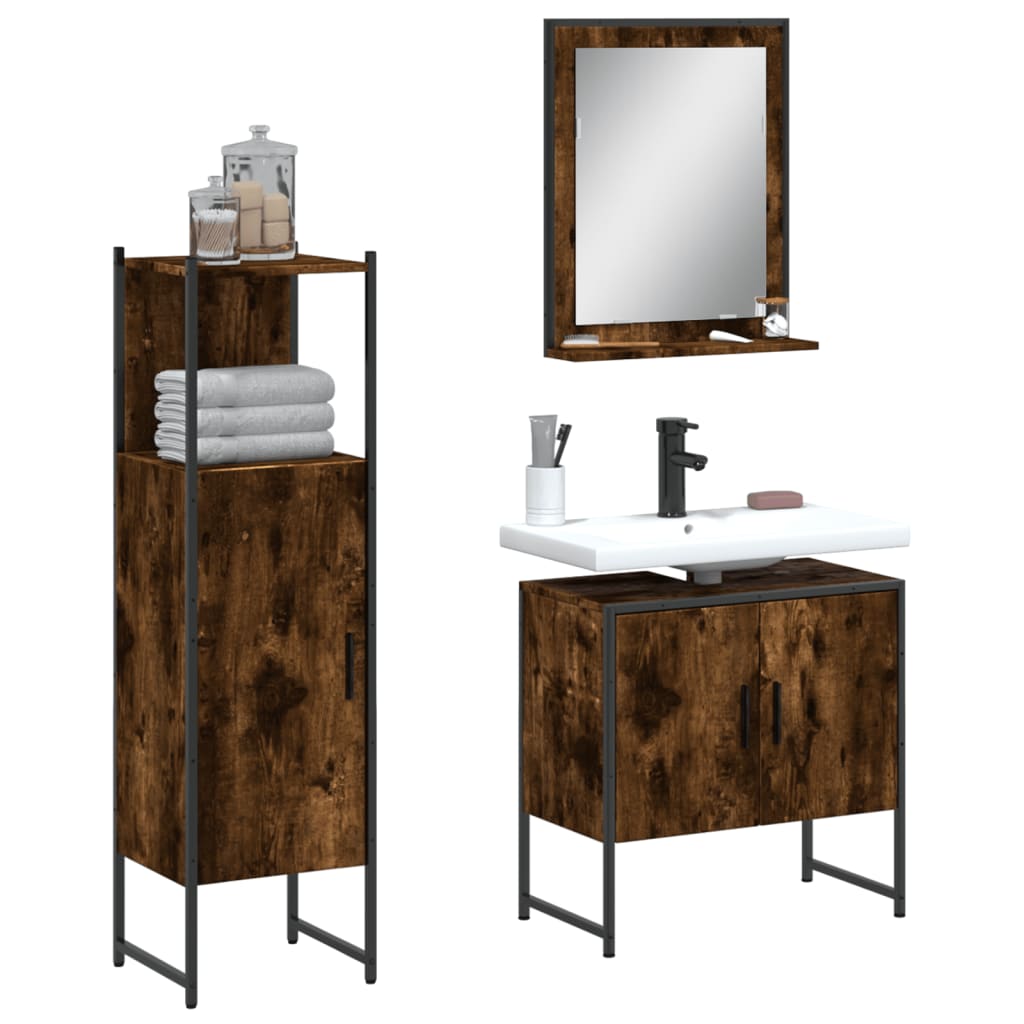 3 Piece Bathroom Cabinet Set Smoked Oak Engineered Wood - The Home Maker