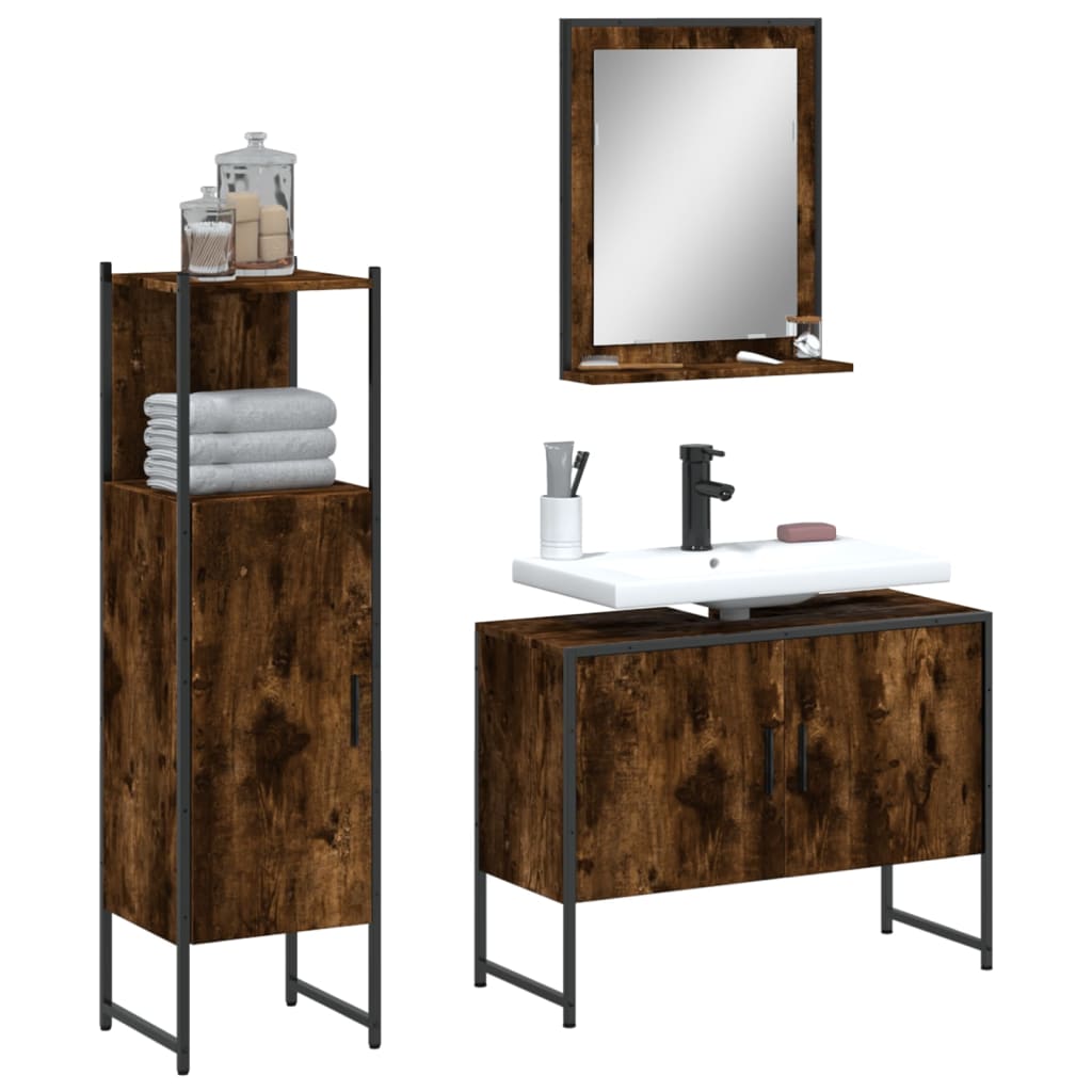 3 Piece Bathroom Cabinet Set Smoked Oak Engineered Wood - Merkel Designers