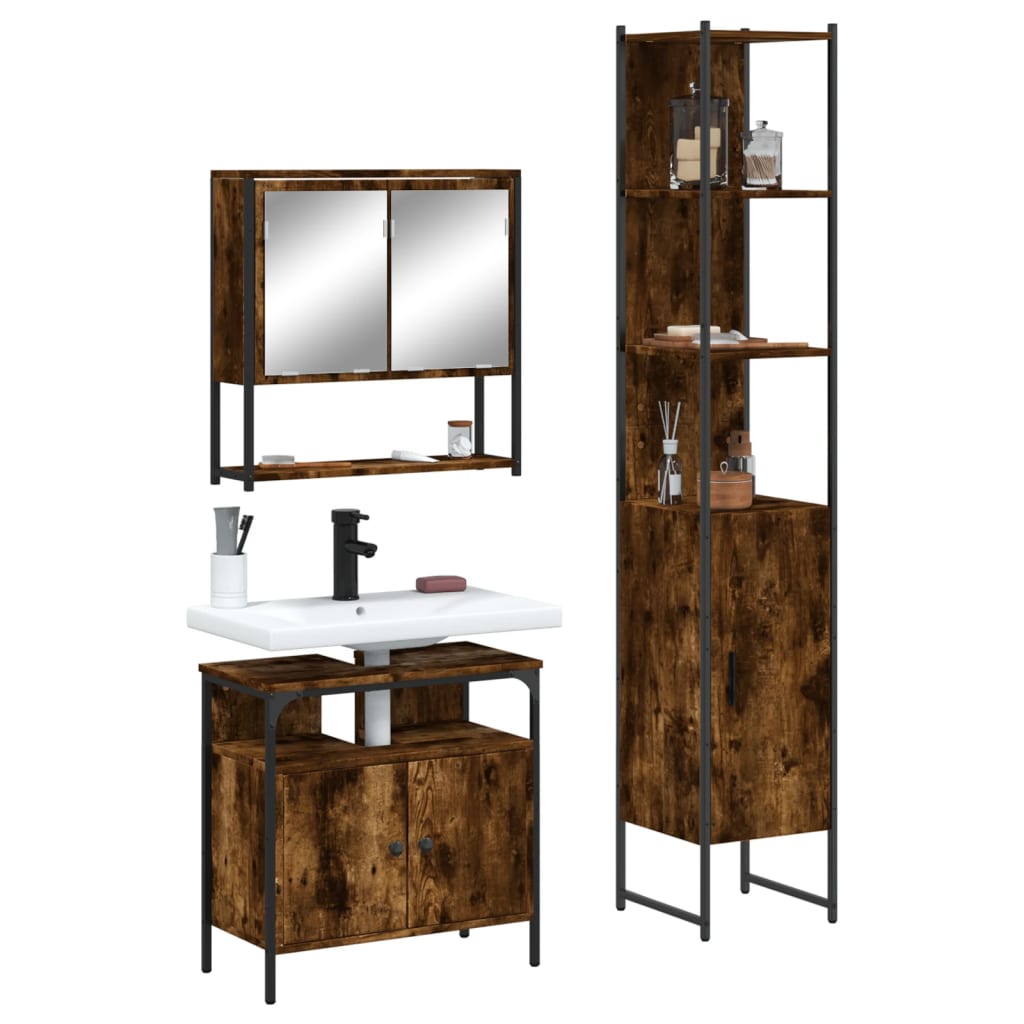 3 Piece Bathroom Furniture Set Smoked Oak Engineered Wood - Charlotte Dunes