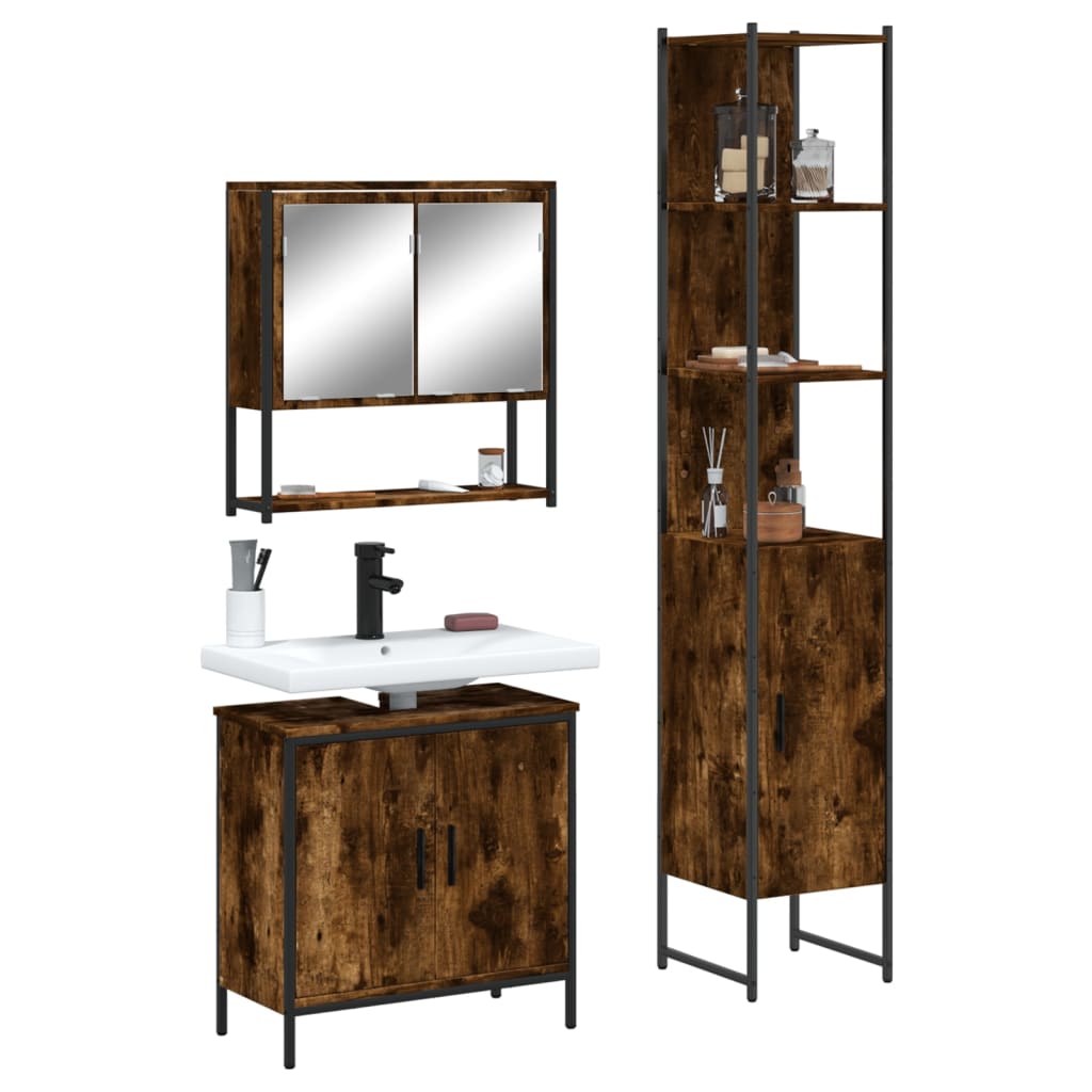 3 Piece Bathroom Furniture Set Smoked Oak Engineered Wood - Charlotte Dunes