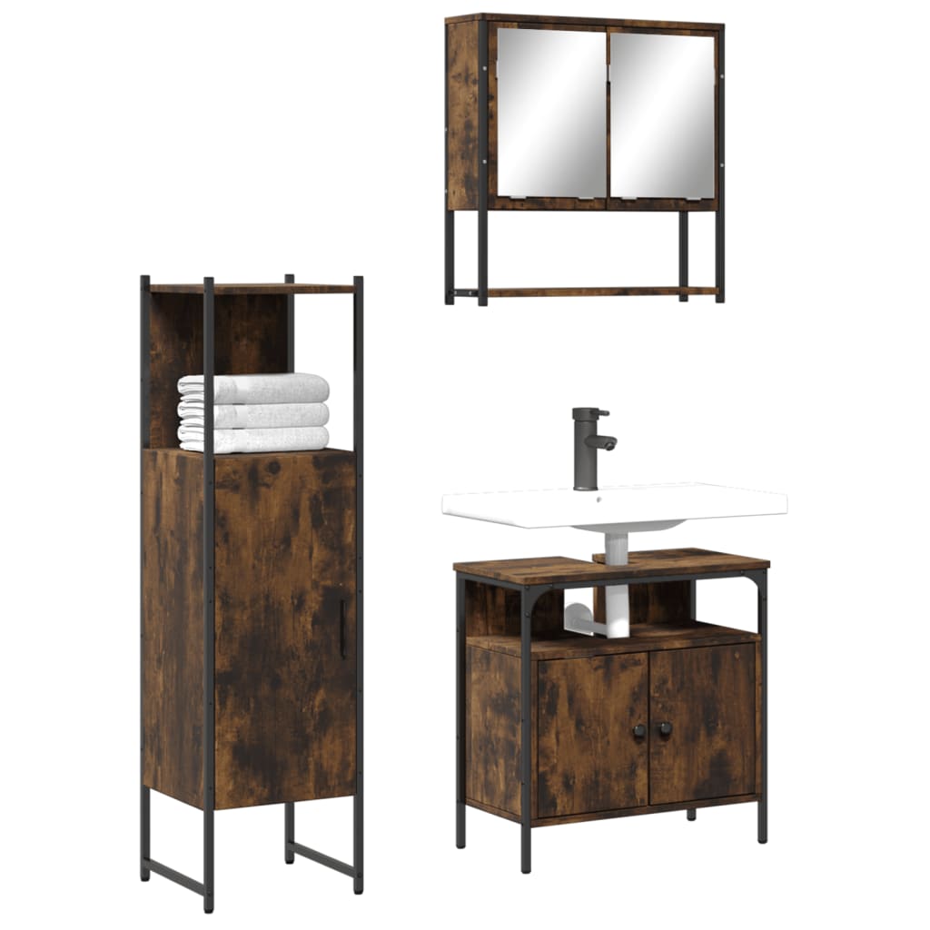 3 Piece Bathroom Furniture Set Smoked Oak Engineered Wood - The Home Maker