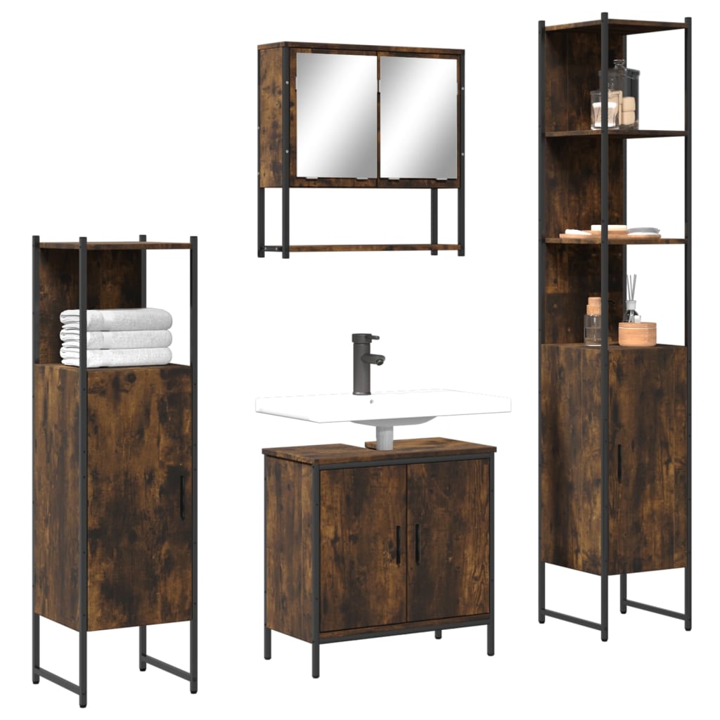 4 Piece Bathroom Furniture Set Smoked Oak Engineered Wood - The Home Maker