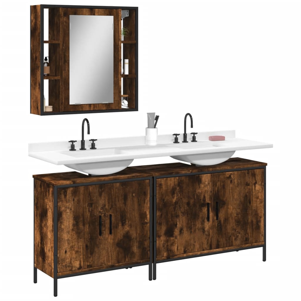 3 Piece Bathroom Cabinet Set Smoked Oak Engineered Wood - Merkel Designers