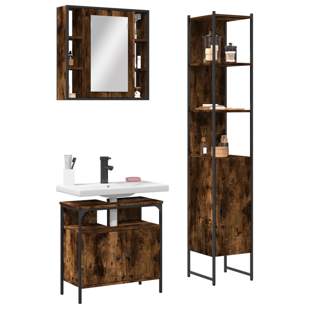 3 Piece Bathroom Cabinet Set Smoked Oak Engineered Wood - All Things Good