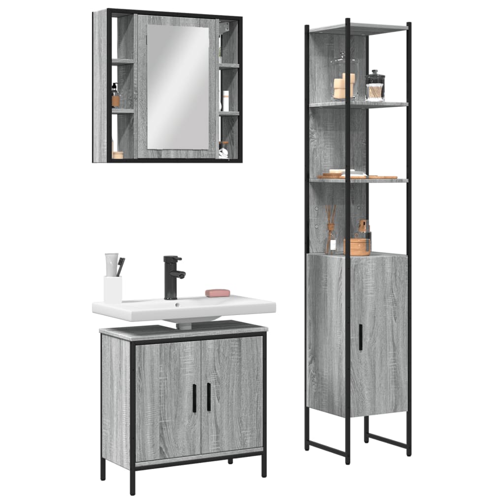 3 Piece Bathroom Cabinet Set Grey Sonoma Engineered Wood - Charlotte Dunes