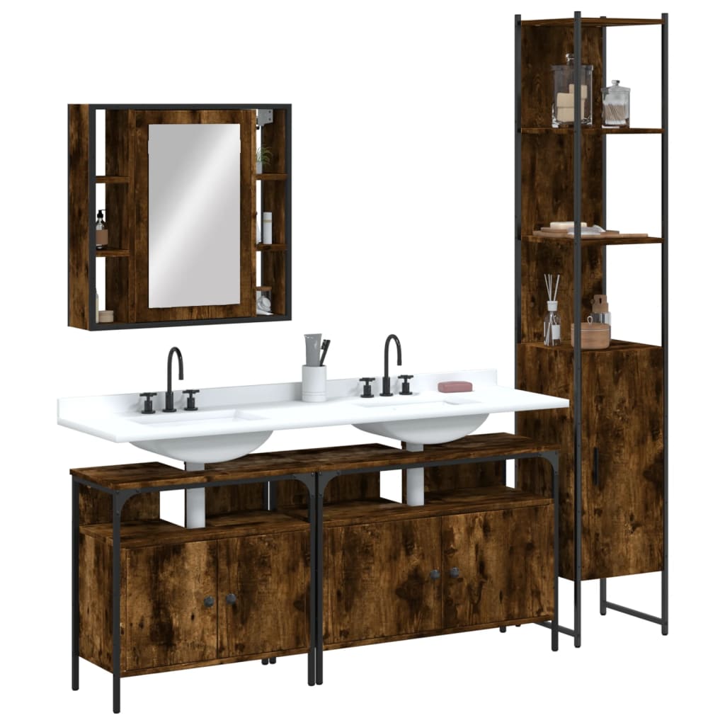 4 Piece Bathroom Cabinet Set Smoked Oak Engineered Wood - Decor Base
