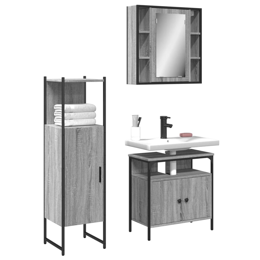3 Piece Bathroom Cabinet Set Grey Sonoma Engineered Wood - Charlotte Dunes
