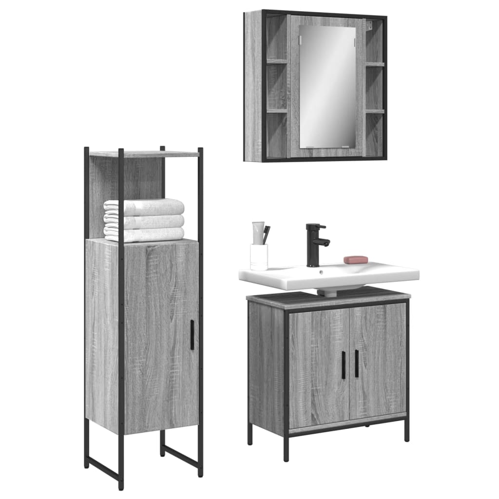 3 Piece Bathroom Cabinet Set Grey Sonoma Engineered Wood - Charlotte Dunes