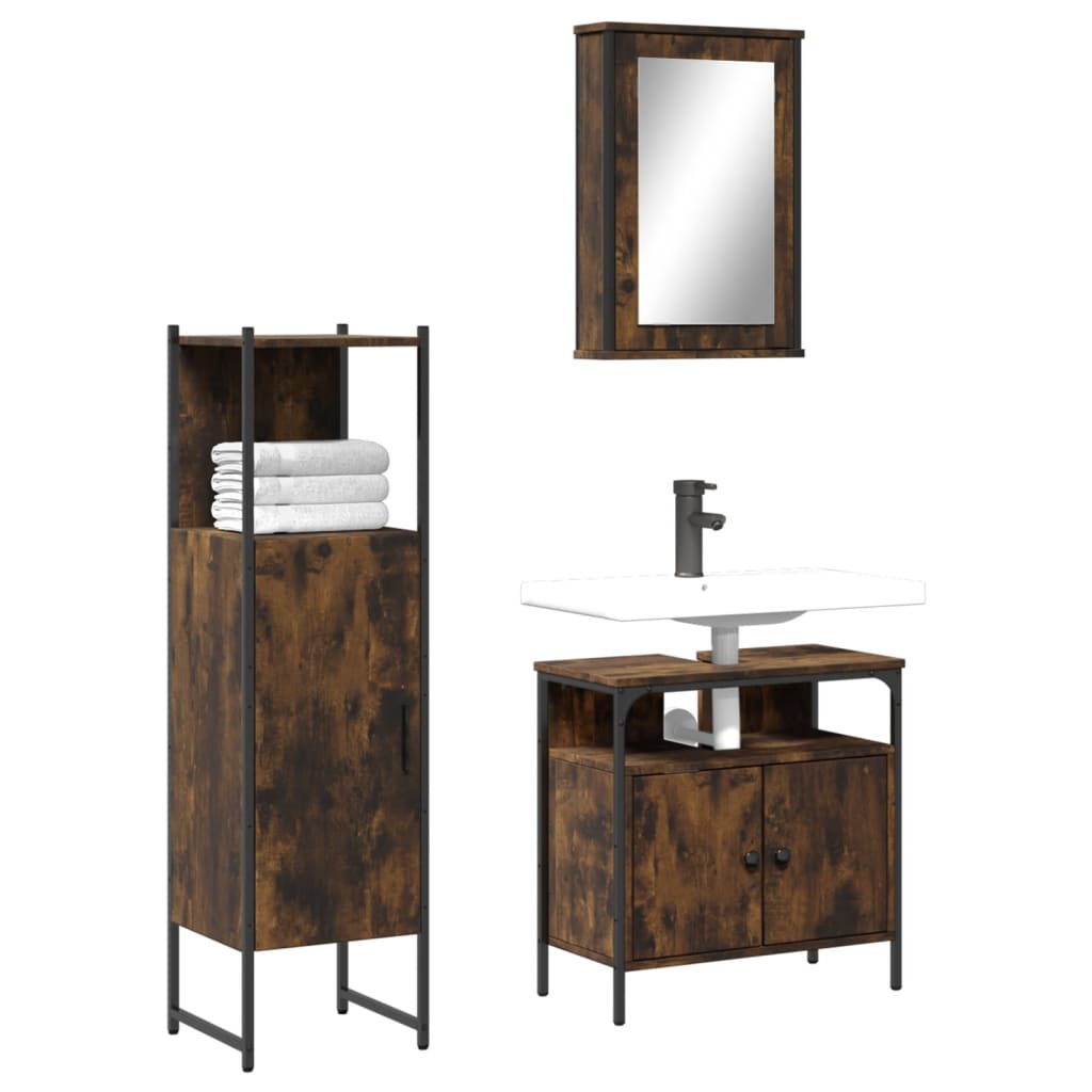 3 Piece Bathroom Furniture Set Smoked Oak Engineered Wood - Charlotte Dunes