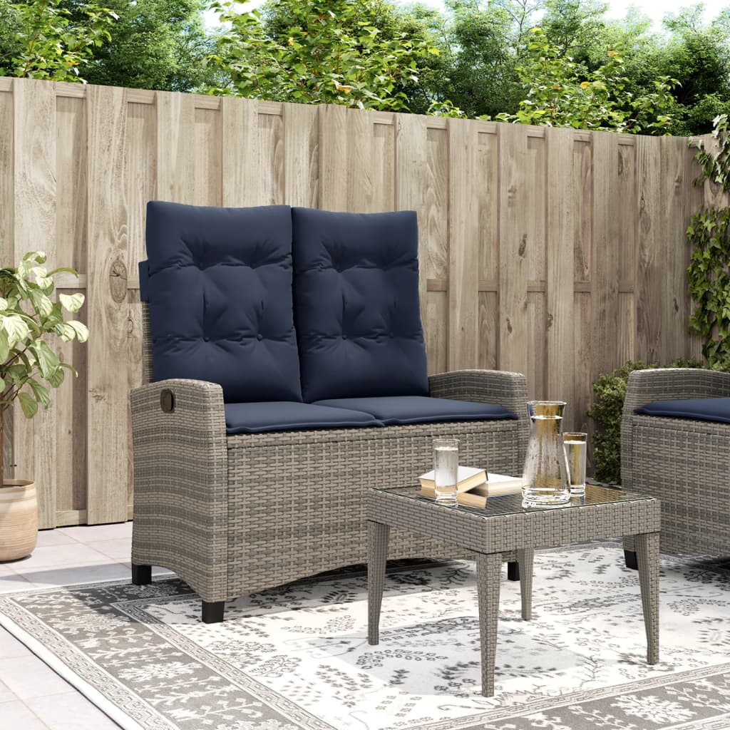 Reclining Garden Bench with Cushions Grey Poly Rattan - Design Hut