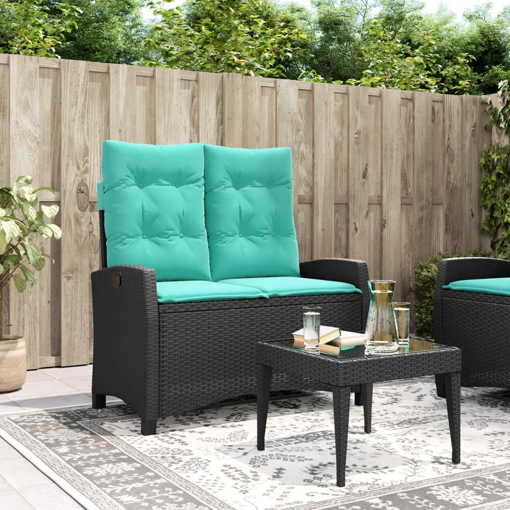 Reclining Garden Bench with Cushions Black Poly Rattan - Design Hut