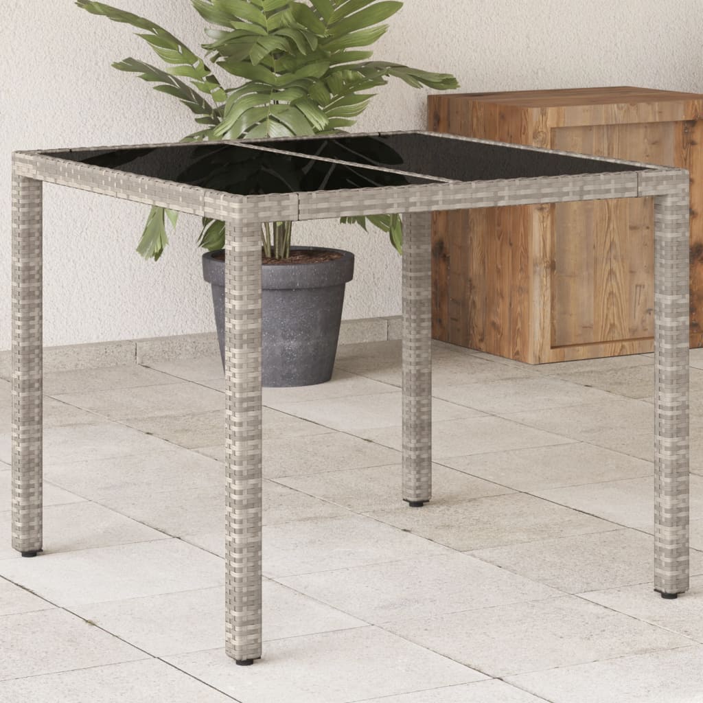 Garden Table with Glass Top Light Grey 90x90x75 cm Poly Rattan - Merkel Designers
