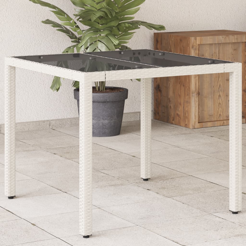 Garden Table with Glass Top White 90x90x75 cm Poly Rattan - The Home Maker