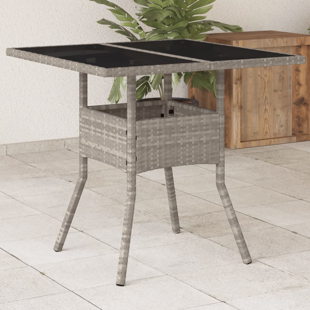 Garden Table with Glass Top Light Grey 80x80x75 cm Poly Rattan - All Things Good
