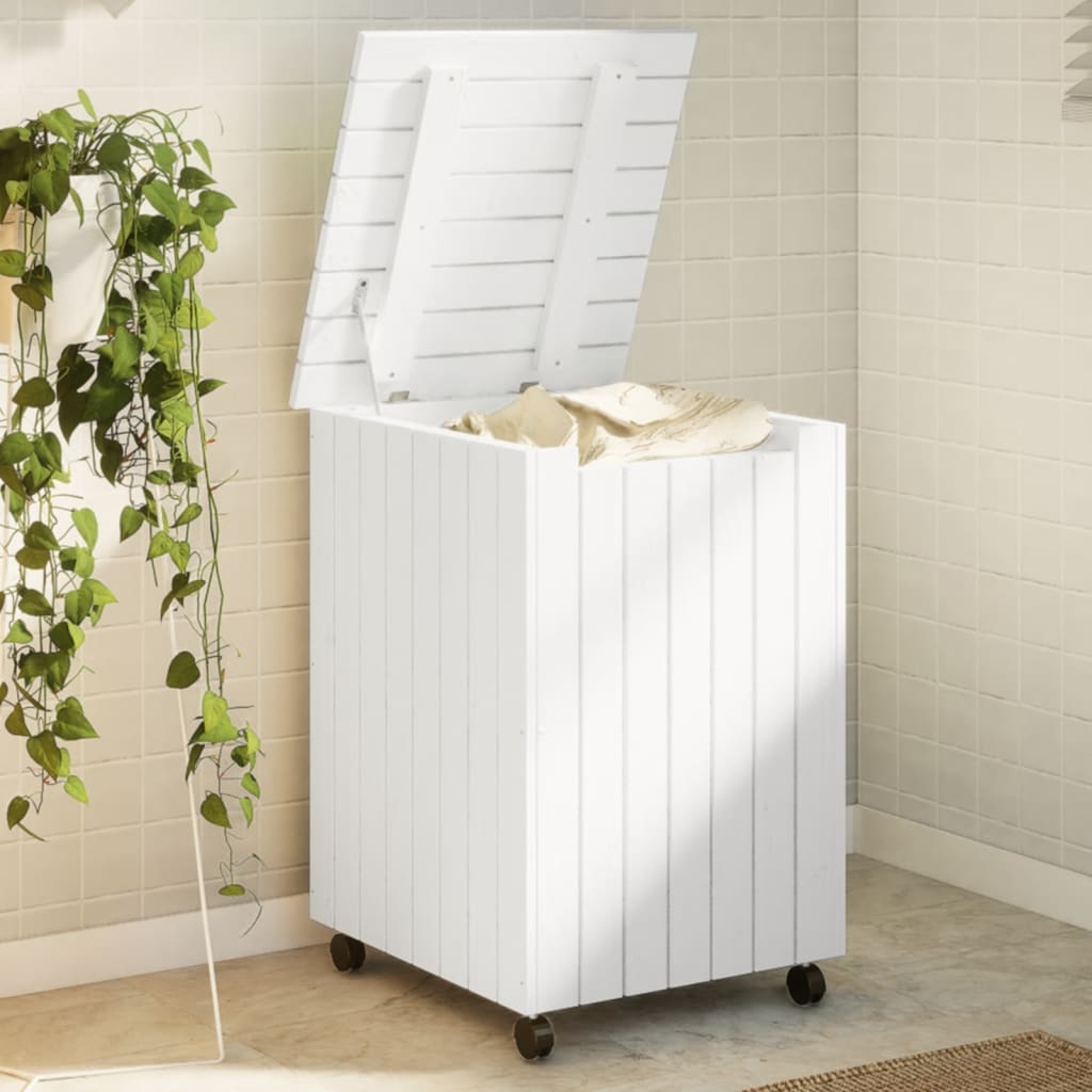 Laundry Basket with Wheels RANA White 45x45x64 cm Solid Wood Pine - vid-4002334 - Discount Dealers