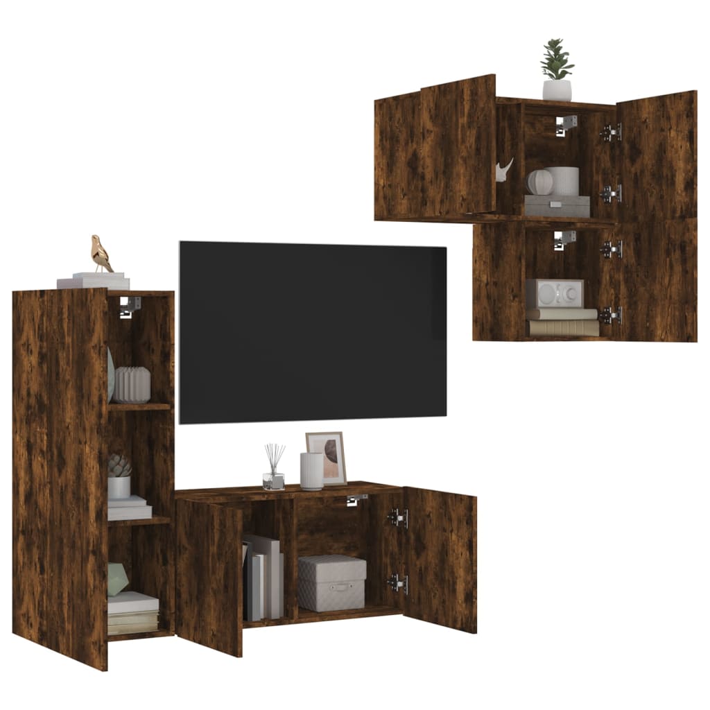4 Piece TV Wall Units Smoked Oak Engineered Wood - Brittle & Co