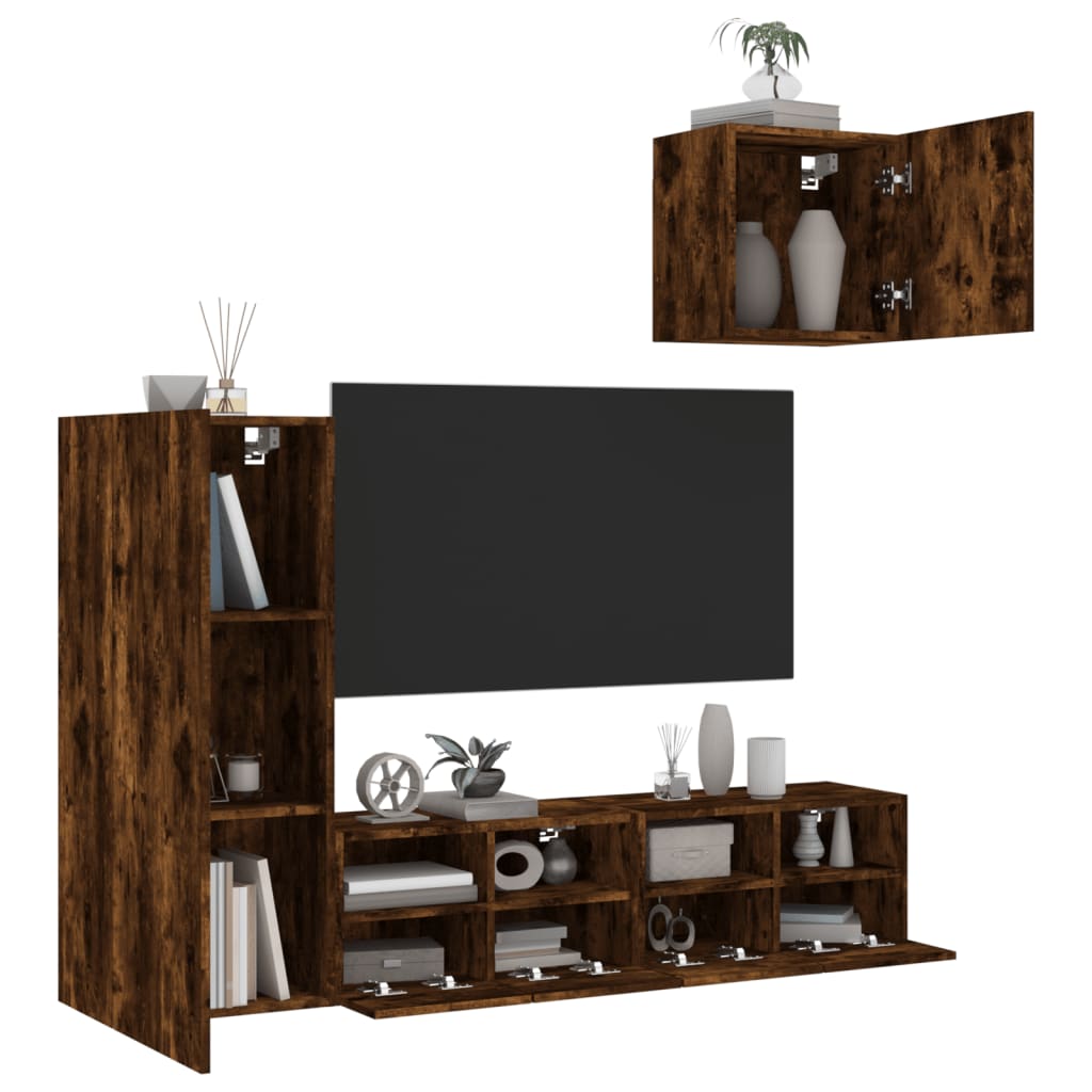 4 Piece TV Wall Units Smoked Oak Engineered Wood - Merkel Designers