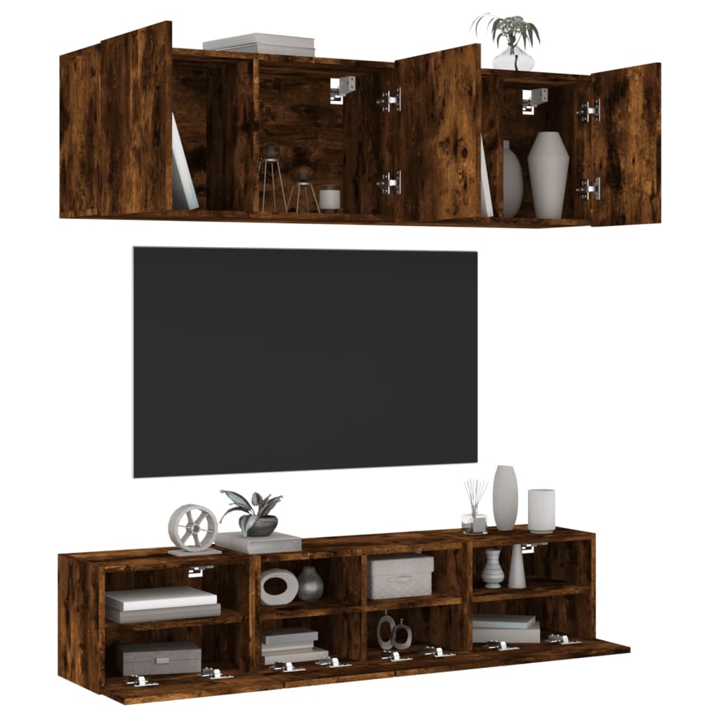 5 Piece TV Wall Units Smoked Oak Engineered Wood - Merlin Deals