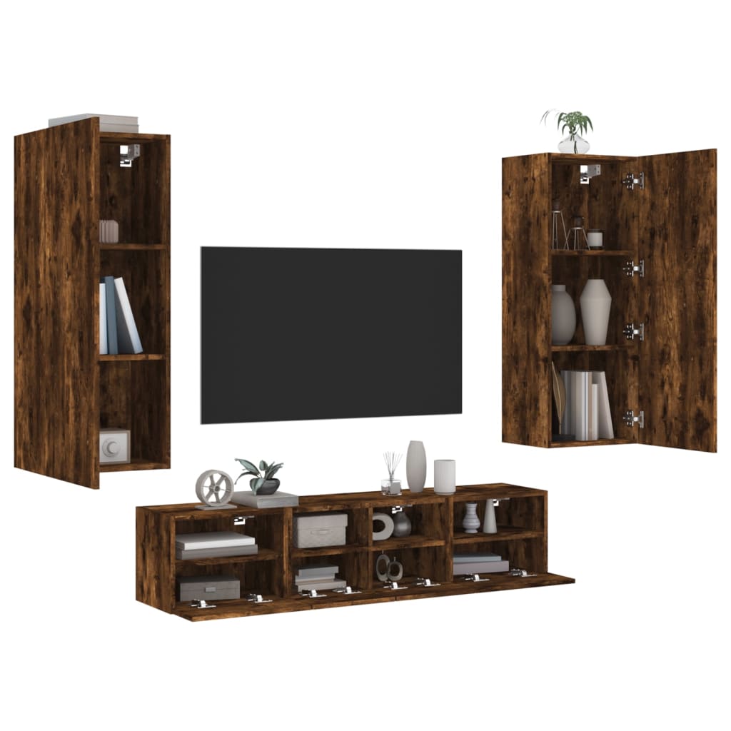 5 Piece TV Wall Units Smoked Oak Engineered Wood - Merkel Designers