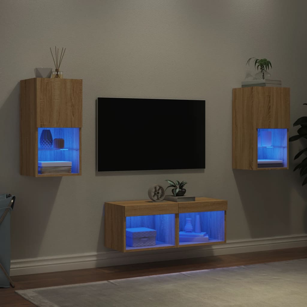 4 Piece TV Wall Cabinets with LED Lights Sonoma Oak - Merkel Designers