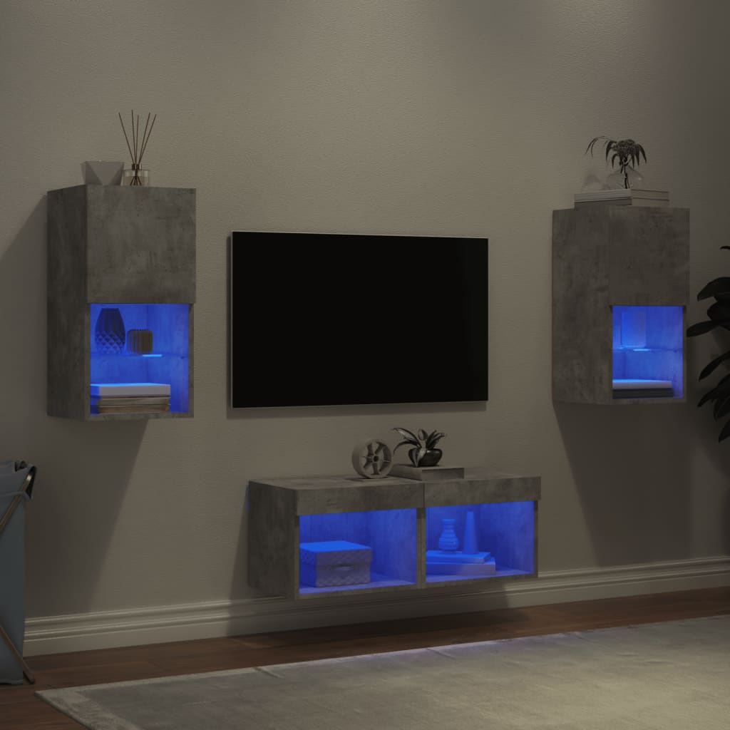 4 Piece TV Wall Cabinets with LED Lights Concrete Grey - Merkel Designers