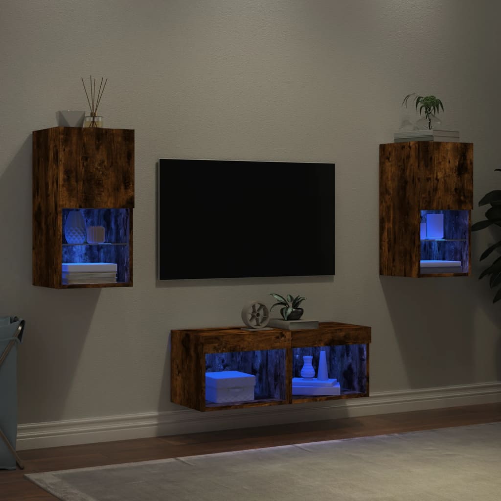 4 Piece TV Wall Cabinets with LED Lights Smoked Oak - Merkel Designers