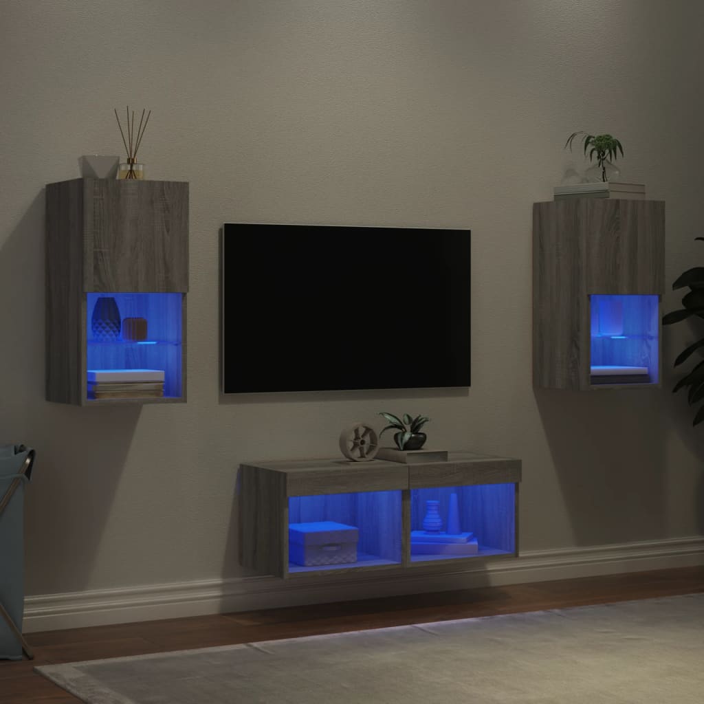 4 Piece TV Wall Cabinets with LED Lights Grey Sonoma - Merkel Designers