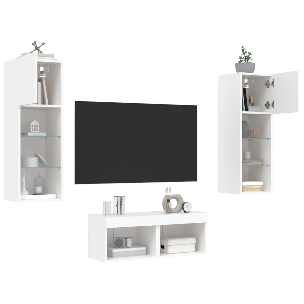 4 Piece TV Wall Cabinets with LED Lights White - Merlin Deals