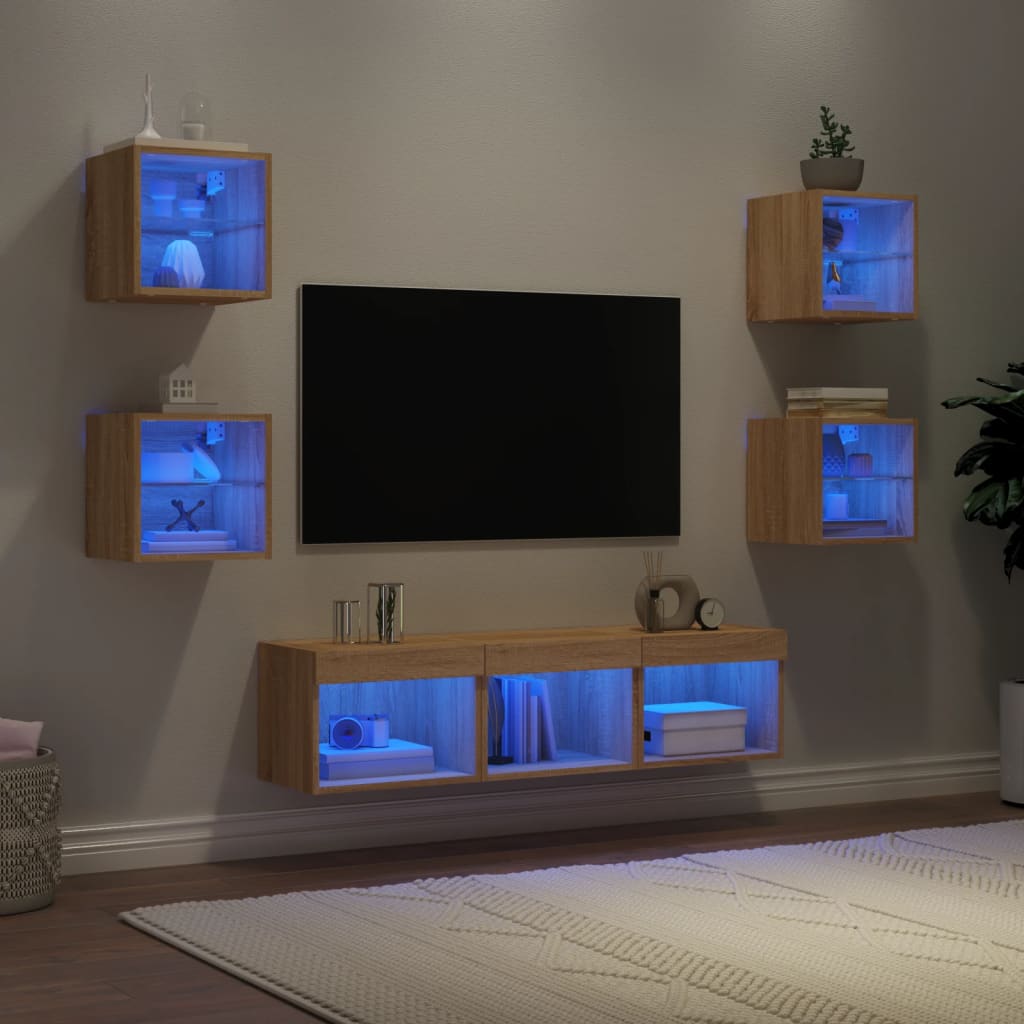 7 Piece TV Wall Units with LED Sonoma Oak Engineered Wood - Casper Homes