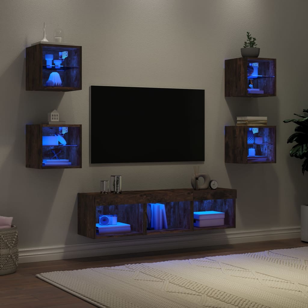 7 Piece TV Wall Units with LED Smoked Oak Engineered Wood - Casper Homes
