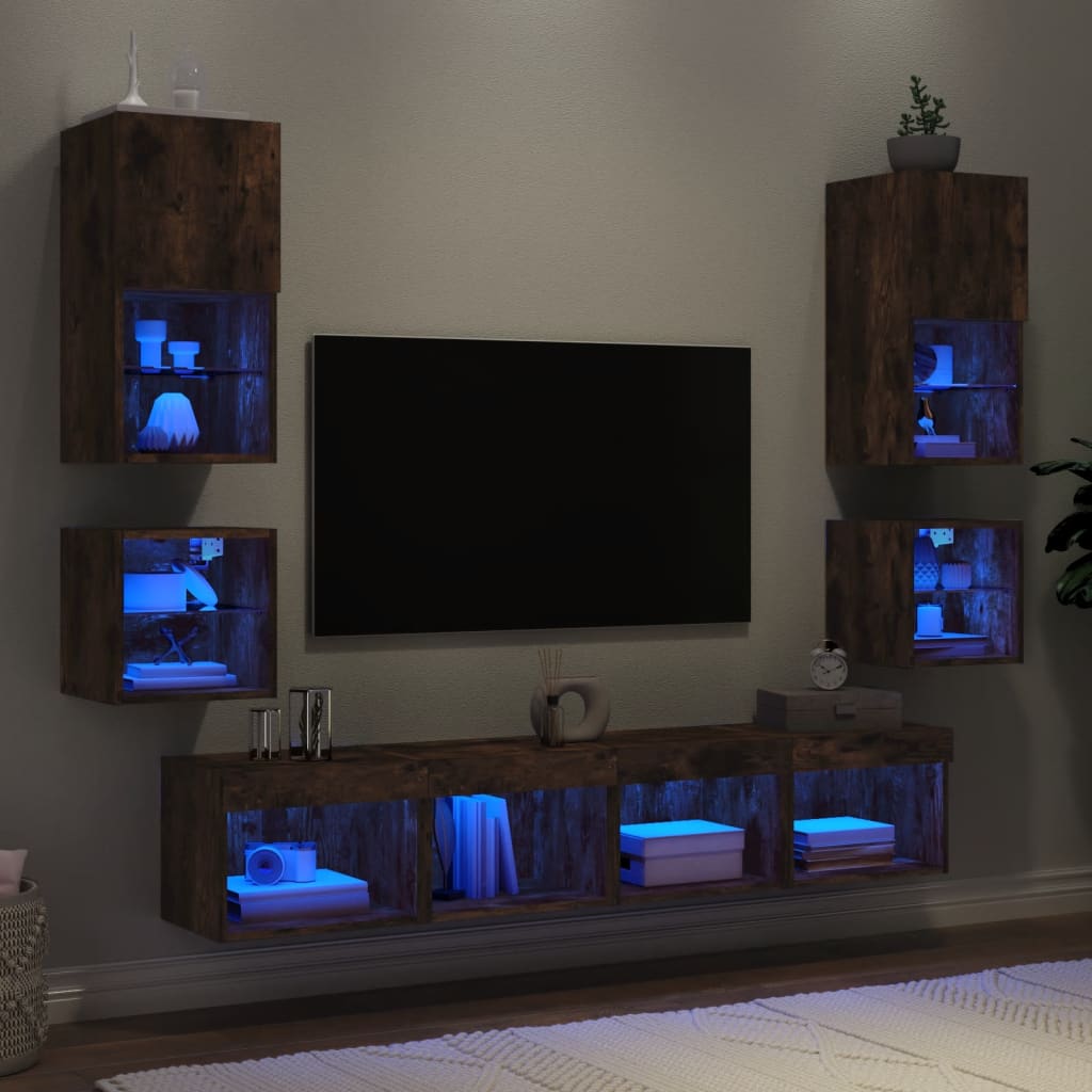 8 Piece TV Wall Units with LED Smoked Oak Engineered Wood - Merkel Designers